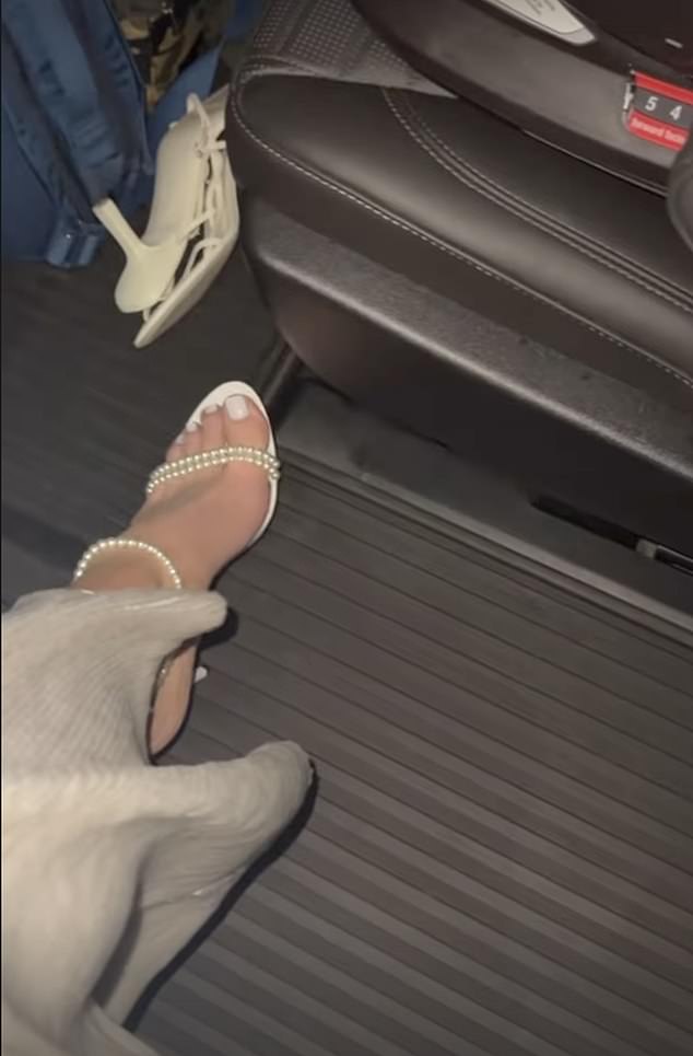 Kylie gave her 395 million Instagram followers a glimpse of her shoes in a video in which she revealed she was wearing white open-toe stilettos with pearl string straps