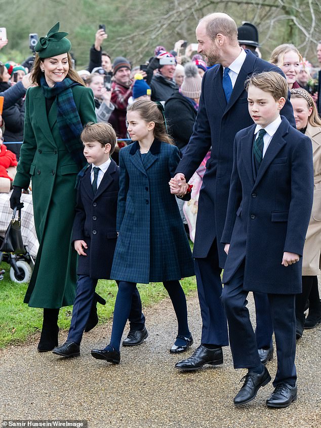 Meanwhile, Charlotte took the hand of her father, Prince William, as they smiled at well-wishers who lined the streets ahead of their arrival.