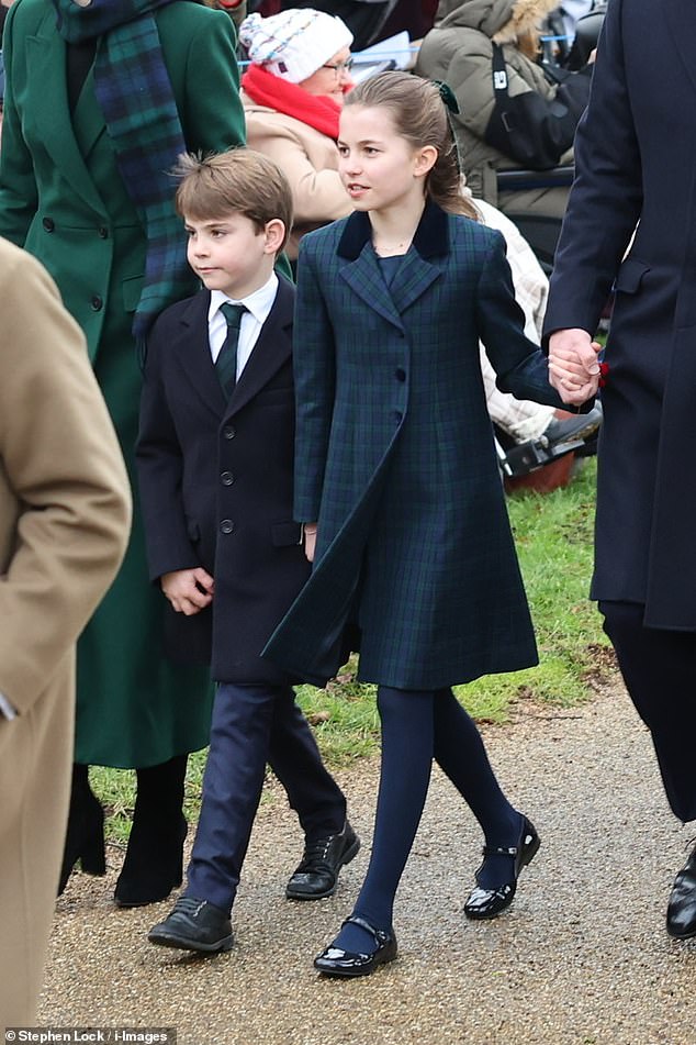 Princess Charlotte was seen walking with her brother Louis and mother Kate, while the young royal chose a checked navy and green coat for the outing