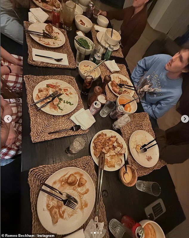 Meanwhile, Romeo, 22, also took to Instagram to share photos of the festivities, including the family sitting at the dining table enjoying a roast dinner