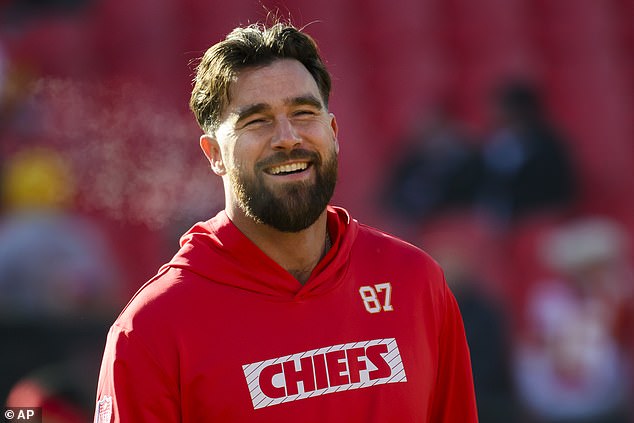 Kelce smiles during warm-ups before an NFL football game against the Texans on Saturday