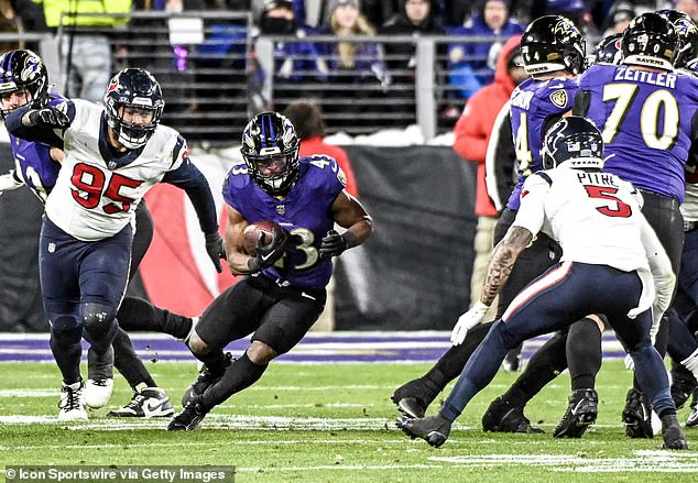 Baltimore Ravens running back Justice Hill (43) in action against Houston Texans defensive end Derek Barnett (95) during the AFC Divisional Playoffs on January 20, 2024