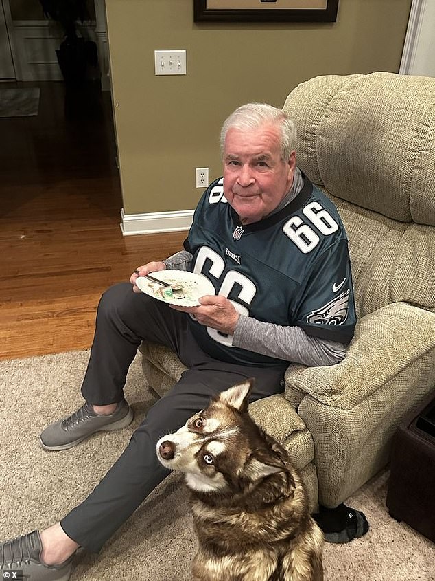 His son's post included a one-year-old photo of the elder Bergey, wearing a No. 66 Eagles jersey, eating pie in a lounge chair next to a husky