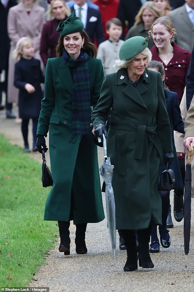 Both Queen Camilla and Princess Catherine wore emerald coats as they walked with King Charles and Prince William