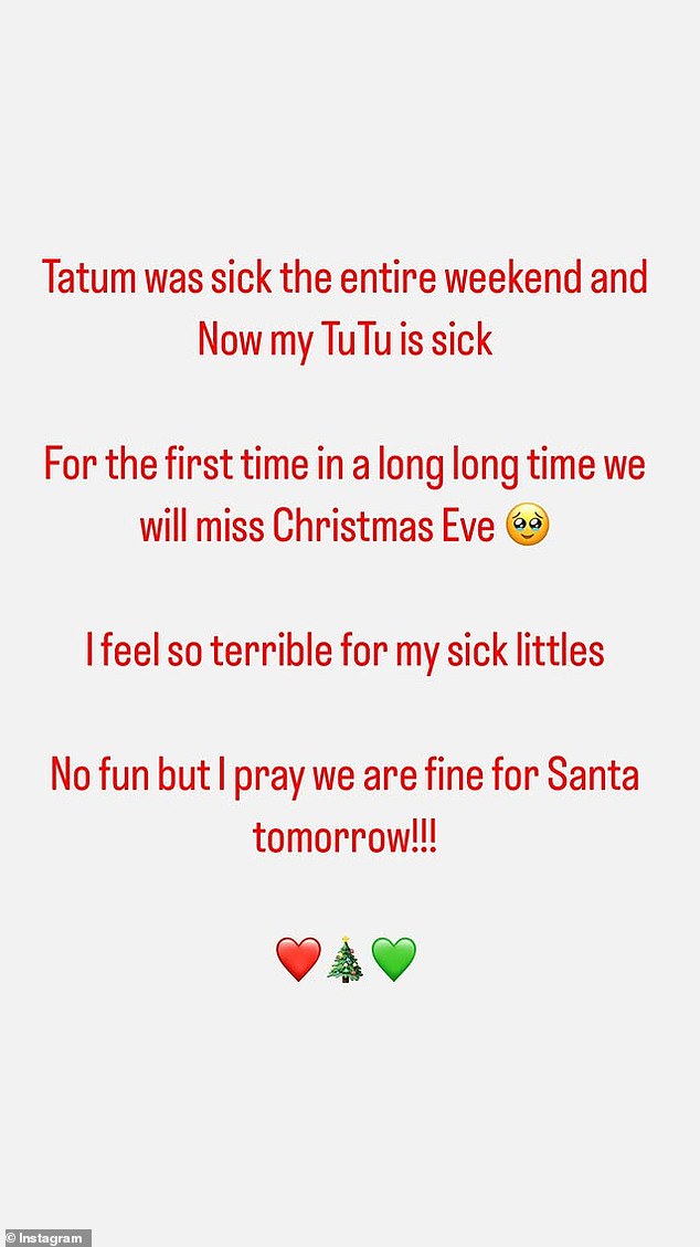 Meanwhile, Khloe Kardashian, 40, was not in attendance. Khloe revealed that she had to cancel her appearance at her family's holiday gathering because her two children — two-year-old son Tatum and six-year-old daughter True, whom she affectionately calls TuTu — were not feeling well.