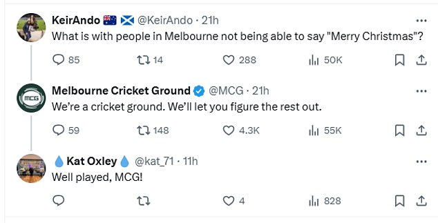 One commenter who famously criticized his failure to use the word 'Christmas' in the post made a hilarious comeback from the MCG account on X (pictured)