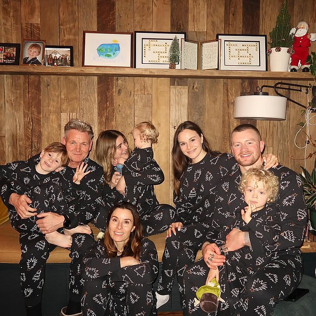 Gordon Ramsay and his wife Tana, 50, were joined at their south London home by daughters Tilly, 23, and Holly, 24, and her fiancé Adam Peaty, 29 (right) and his four-year-old son George, and sons Oscar, five, and 13-month-old Jesse