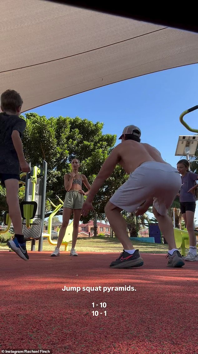 The model and TV personality, 35, took to Instagram on Christmas Day to share images of the family exercising at a local playground