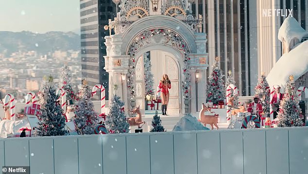 She photographed the site on a rooftop decorated to resemble a winter wonderland on a rooftop high above the Los Angeles skyline