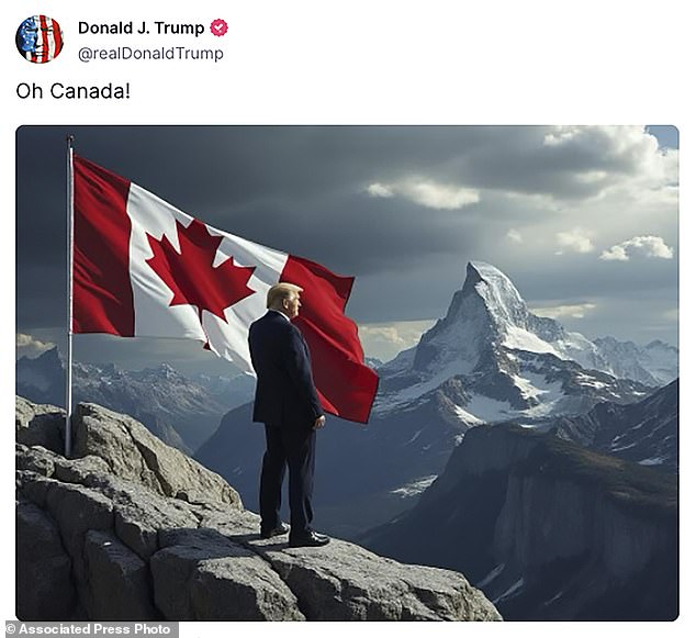 This screenshot from Donald Trump's Truth Social account shows an image of newly elected President Donald Trump standing next to a Canadian flag