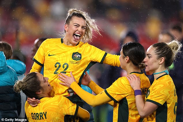 Grant is pictured just after scoring her first goal for the Matildas in their 2-0 win over England in April 2023