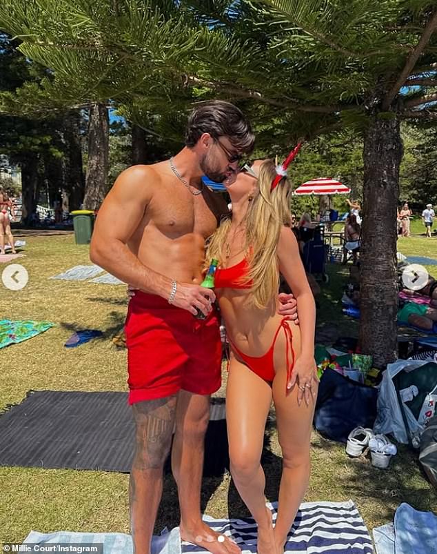 The Love Island star looked sensational as she showed off her slim figure in a skimpy red bikini as she put on a loved-up display in a series of Instagram snaps