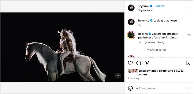 On Wednesday, Queen Bey – who has 423.6 million followers on social media – teased a new music video that dropped on January 14 with a slow-motion clip titled: 'Look at that horse'