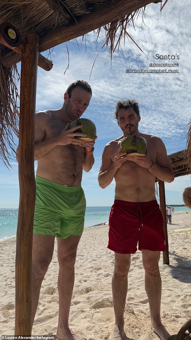 Pascal drank from a coconut next to composer Brandon Campbell (L), whom he likely met on the set of 2014's Game of Thrones when he played Oberyn Martell and Brandon was the technical score consultant