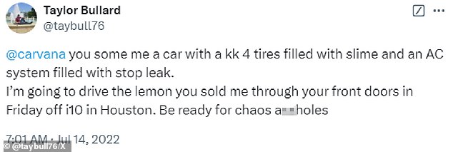 Pictured: A series of messages the FBI alleged Bullard posted two years ago threatening Carvana