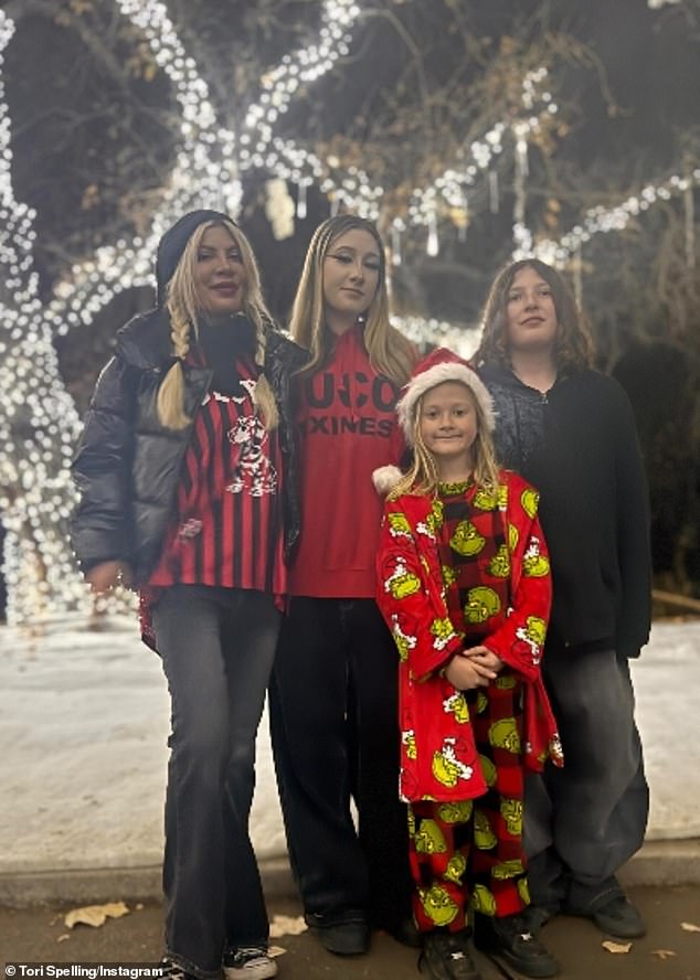 On Christmas Eve, Spelling treated Stella, Finn and Beau to the Holiday Road immersive experience, held at King Gillette Ranch in Calabasas, and said, “Our [favorite] holiday tradition!'