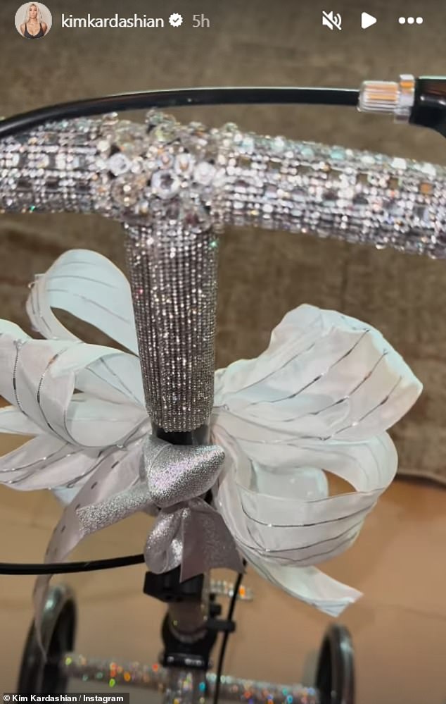 In one video uploaded to her stories, Kim filmed the new scooter decorated with sparkling, silver rhinestone details