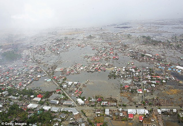 A helicopter image shows the damage to Banda Aceh on January 8, 2005, a few weeks after the tsunami