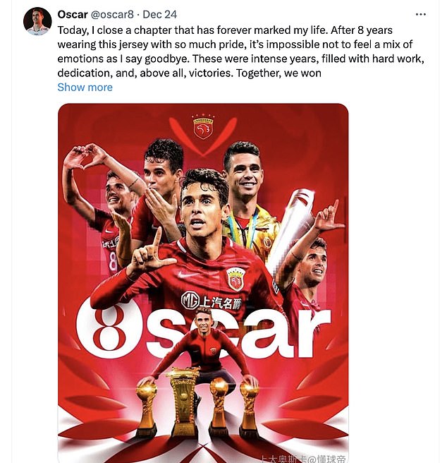 Oscar paid an emotional tribute to the Port of Shanghai and their fans as his departure was announced