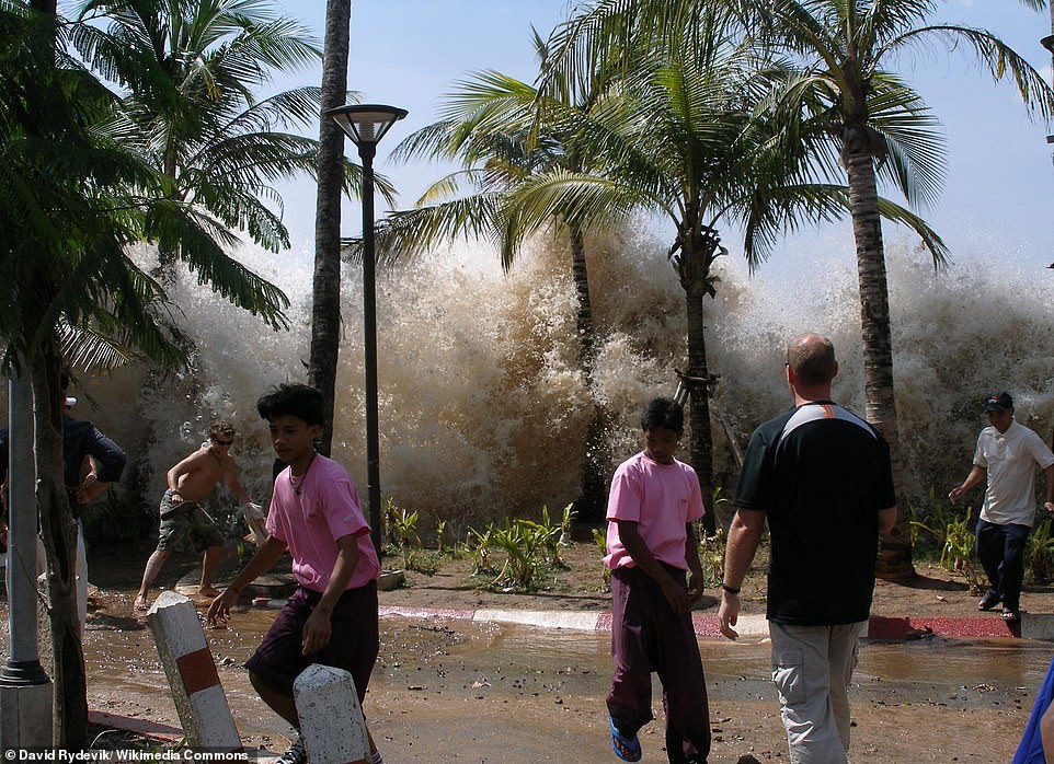 A photo of the Boxing Day tsunami ripping through Ao Nang, Krabi Province, Thailand