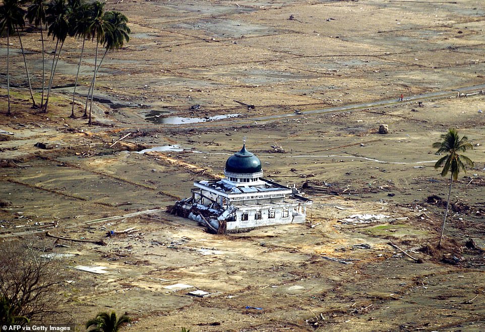 A photo of a mosque in an area destroyed by the tsunami in Kuala Bubon on the outskirts of Meulaboh, Aceh province in Indonesia, taken on January 19, 2005