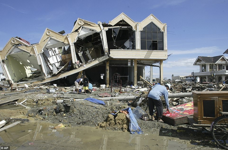 A survivor rummages through the rubble in the commercial area of ​​Banda Aceh, the capital of Aceh province in northwestern Indonesia, December 31, 2004