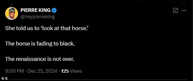 X user @heypierreking tweeted: 'She said we should do that "look at that horse." The horse turns black. The Renaissance is not over yet