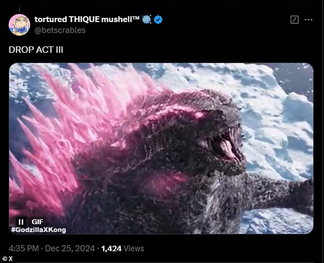 X user @betscrables shared a meme of a pink Godzilla roaring with the caption: 