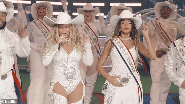 Knowles-Carter enlisted her 12-year-old daughter Blue Ivy Carter (R) as a backup dancer, and she also brought Post Malone and Shaboozey on stage during the Netflix-streamed concert