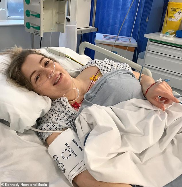 Doctors confirmed that Natalie Kunicki's vertebral artery - a major artery in the neck - had burst after breaking her neck, causing a blood clot in her brain and causing a stroke. Above she is pictured in hospital in 2019