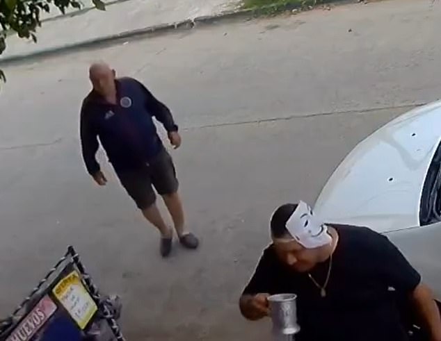 Retired police officer Rafael Moreno (left) was seen on a surveillance camera around 6 a.m. Wednesday walking toward a group listening to loud music in front of a home in Buenos Aires