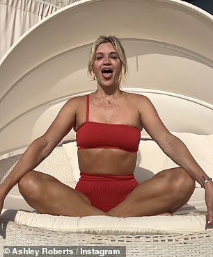 Ahead of Christmas, the Heart Radio presenter looked fantastic as she showed off her sculpted abs in a red bikini as she meditated in the sun