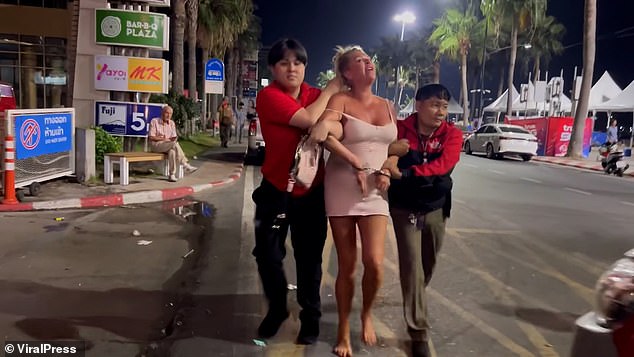 The blonde holidaymaker is said to have straddled her partner in the lobby on Wednesday morning before destroying the piece of furniture in Pattaya.