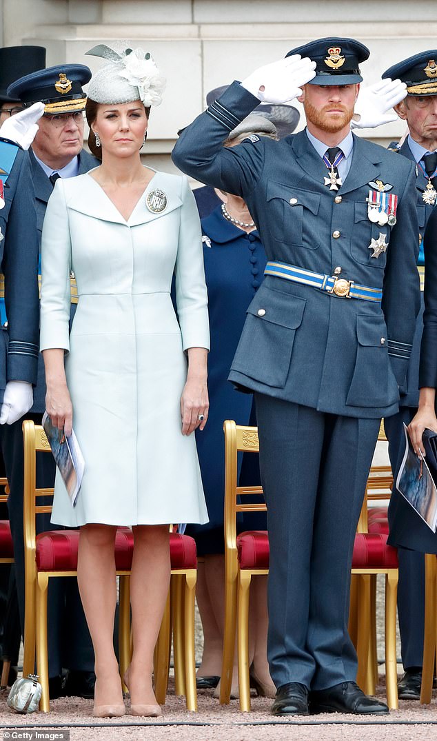 Creepy: Prince Harry pictured next to the Princess of Wales in 2018 wearing full military fatigues to mark the centenary of the Royal Air Force