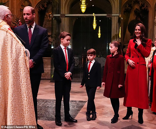 The Prince and Princess of Wales and their children, from left to right, Prince George, Prince Louis and Princess Charlotte, arrive for the Together At Christmas carol service