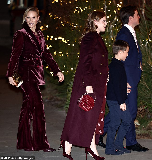 Other royals also in attendance included Zara Tindall, left, next to her pregnant cousin Princess Beatrice, right, and her husband Edo Mapelli Mozzi and his young son Wolfie.