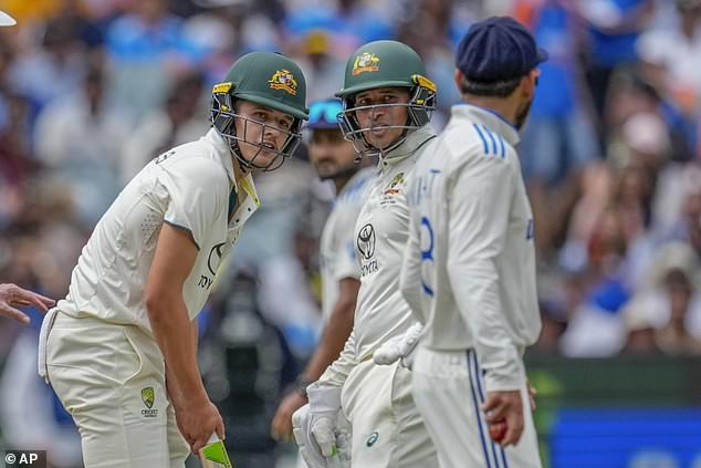 Konstas' teammate Usman Khawaja (centre) had to come between him and Kohli to resolve the situation after the 19-year-old hit back at the former Indian skipper with a verbal tirade