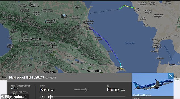 Flightradar24 receivers received no data from the aircraft between 04:40 and 05:03 and between a second interruption from 05:04 to 05:13. The plane was sent to fly from Baku, Azerbaijan, to Grozny, Russia