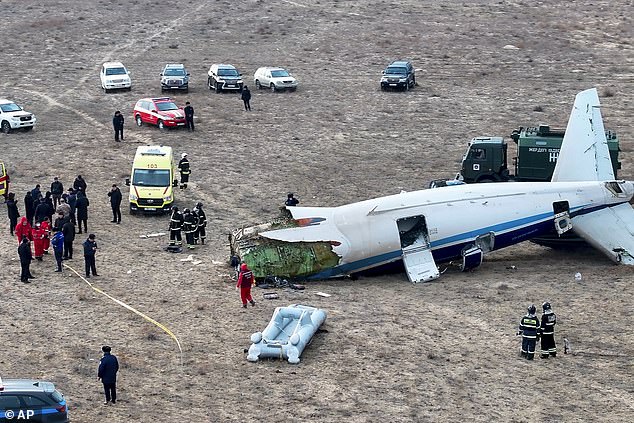 The wreckage of Azerbaijan Airlines' Embraer 190 lies on the ground near Aktau Airport, Kazakhstan, Wednesday, December 25