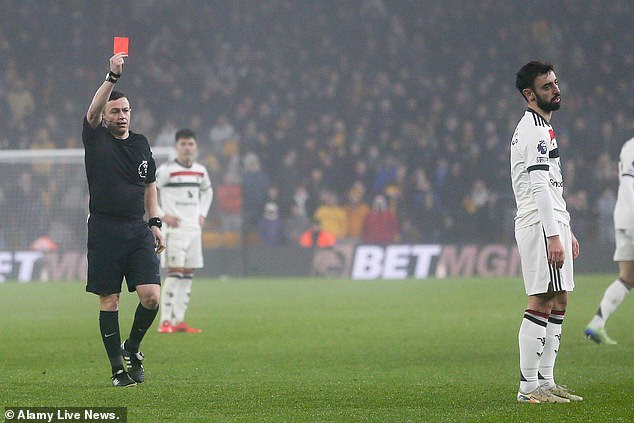 Bruno Fernandes was sent off just after half-time, with Wolves taking the lead shortly afterwards