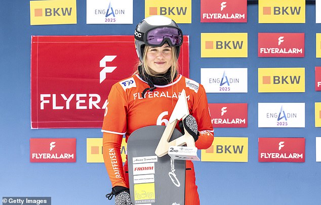 Sophie Hediger takes second place during the FIS Snowboard Cross World Cup Men's and Women's Snowboard Cross on January 26, 2024 in St. Moritz