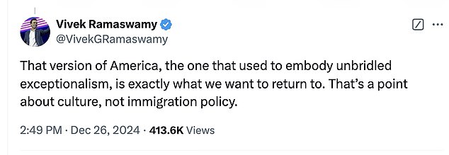 Ramaswamy's post and subsequent follow-ups drew immediate criticism from Trump supporters who support the president-elect's hardline immigration policies