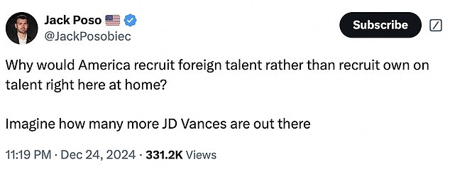 MAGA influencers like Jack Posobiec joined the fray, wondering why America would seek foreign talent instead of nurturing domestic talent