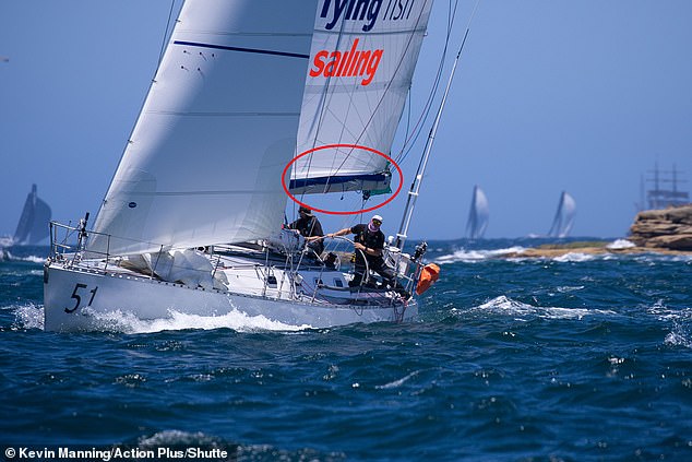 The incident on board Flying Fish Arctos occurred approximately 30 nautical miles east-south east of Ulladulla on the south-west coast, shortly before midnight (the yacht's sail boom is circled)