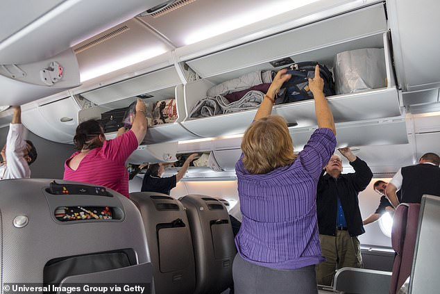 An etiquette expert explained that overhead bins are for carry-on luggage, not for items you'll get up to collect later