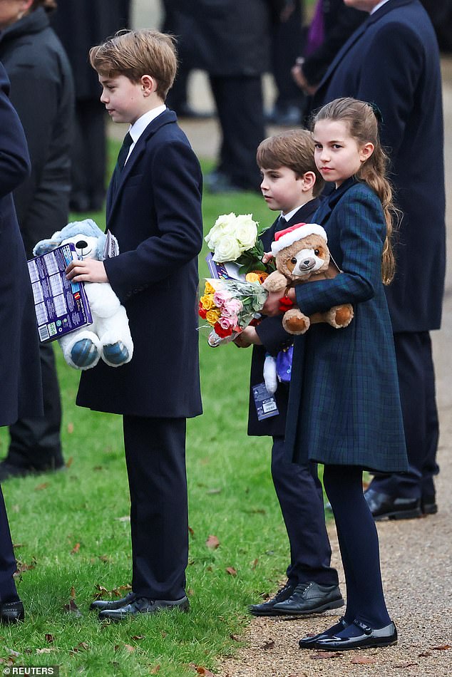 Prince George, Prince Charlotte and Prince Louis at Sandringham. The trio were treated to gifts from well-wishers