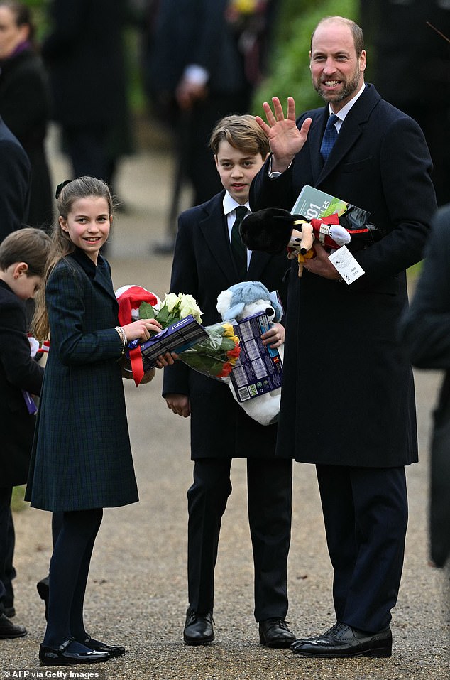 Princess Charlotte and Prince George also graciously accepted their gifts, waving to the crowd as they stood next to their father, Prince William.