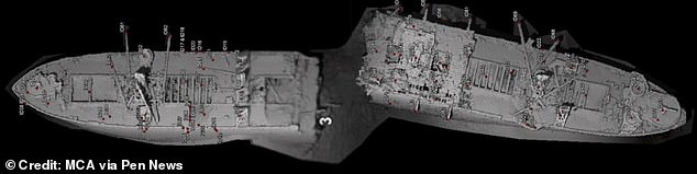 The 'entire front part of the wreck', which lies in two halves on the bottom, 'appears to have an increase in slope' of 10 to 15 cm