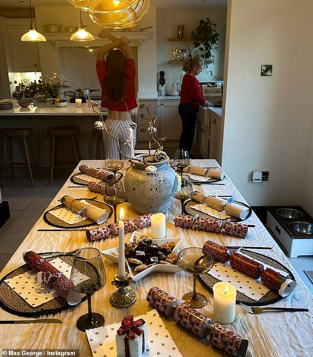 In another photo, the pop star showed off the dining table ready for Christmas lunch, while Maisie was spotted in white and gray striped trousers and a red hoodie stretching