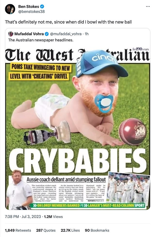 Ben Stokes previously hit back at The West Australian after they branded England 'crybabies'